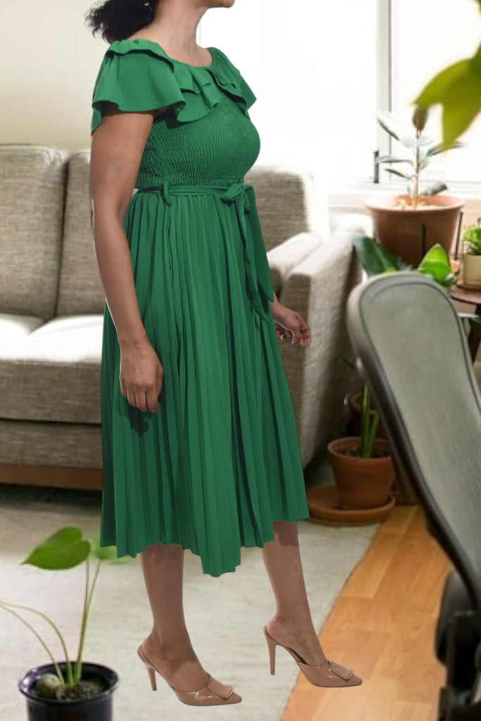Ladies Green Tie Pleated Dress - StylePhase SA