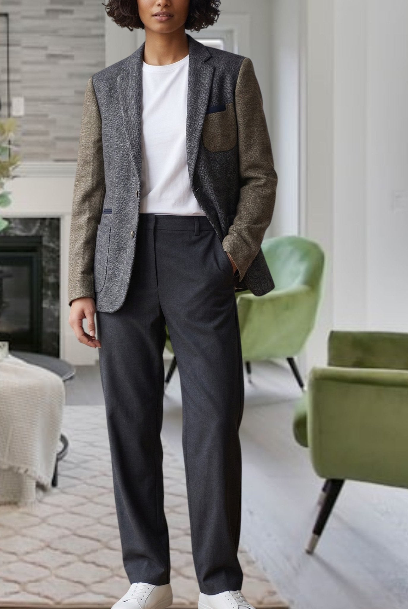 Ladies Grey And Brown Slim Fit Blazer Coat - StylePhase SA