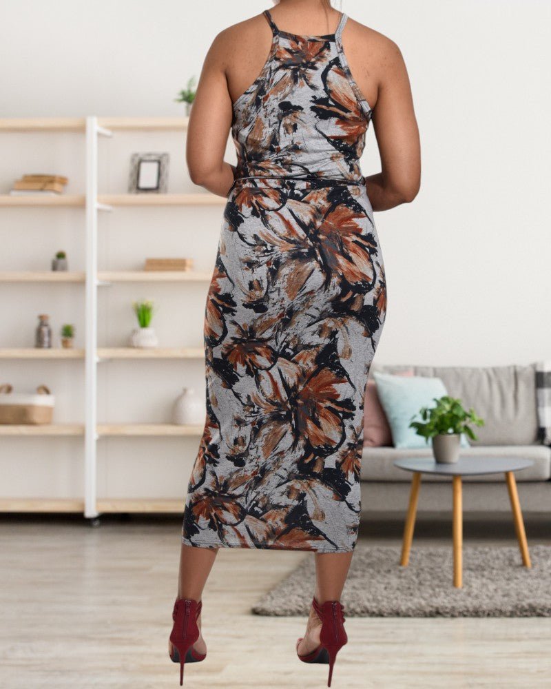 Ladies Grey and Rust Apron Neck Midi Dress - StylePhase SA