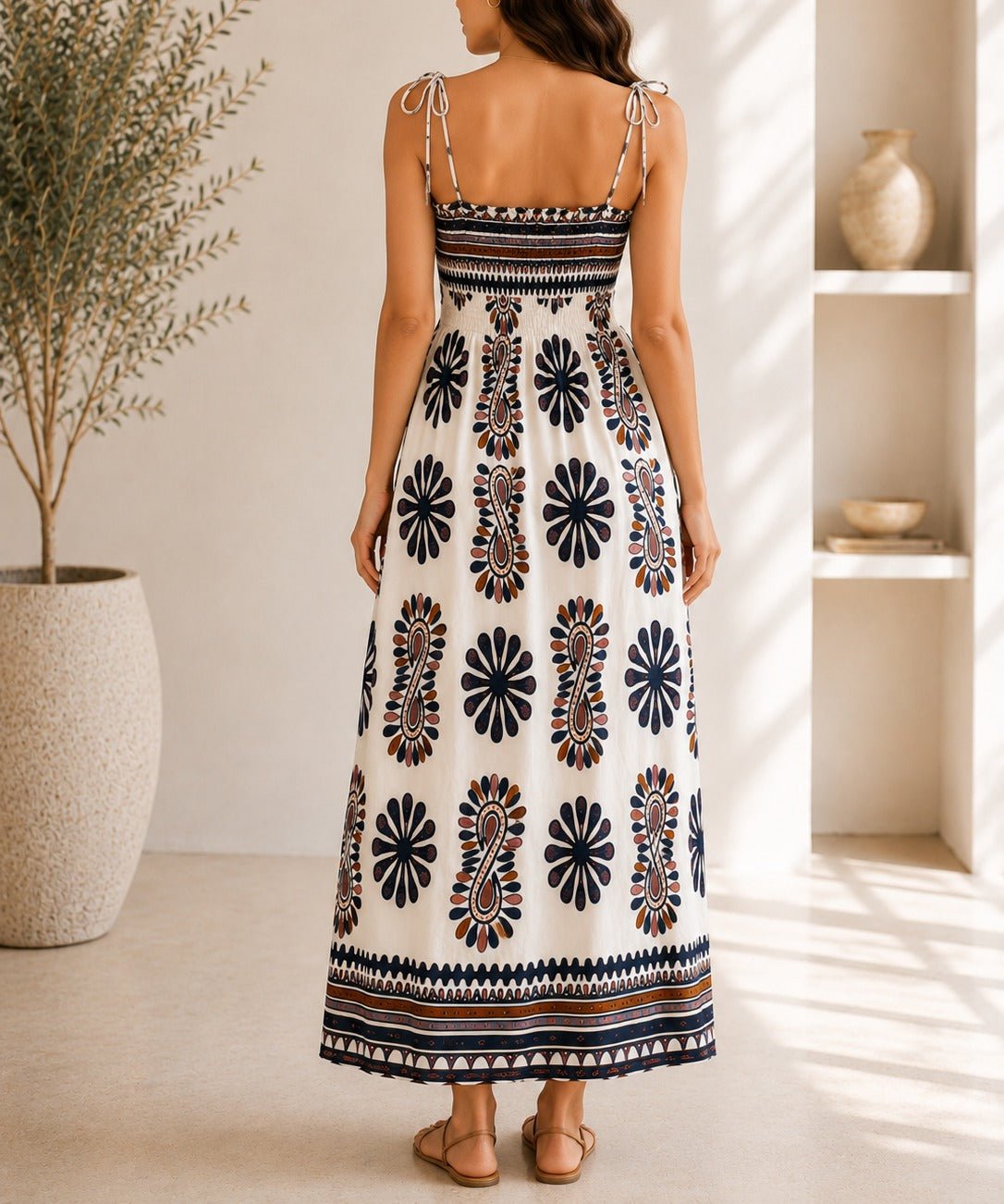 Ladies Grey Botanical Print Tie Sleeve Dress - StylePhase SA