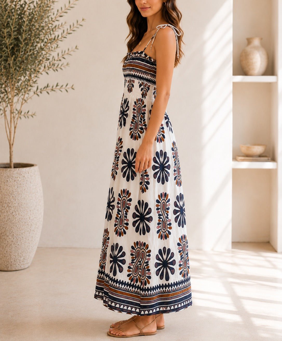 Ladies Grey Botanical Print Tie Sleeve Dress - StylePhase SA