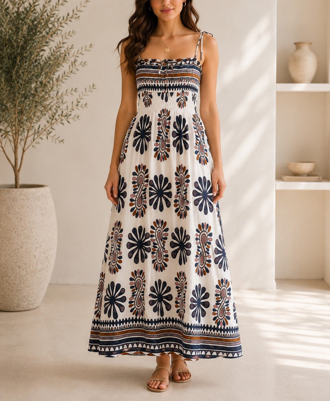 Ladies Grey Botanical Print Tie Sleeve Dress - StylePhase SA
