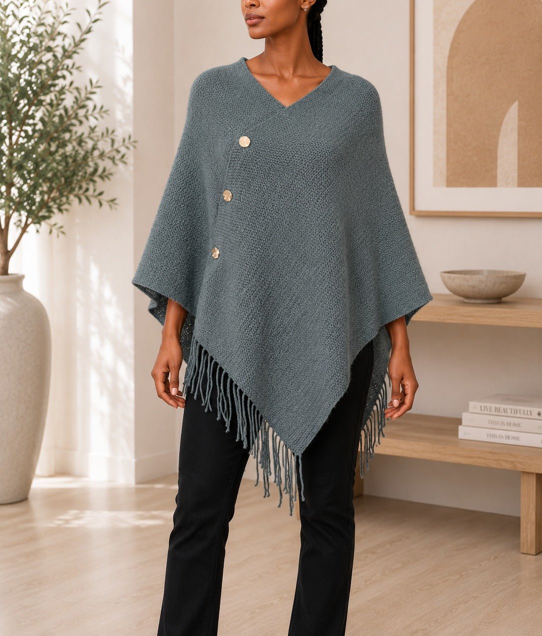 Ladies Grey Button Detailed Knit Poncho - StylePhase SA