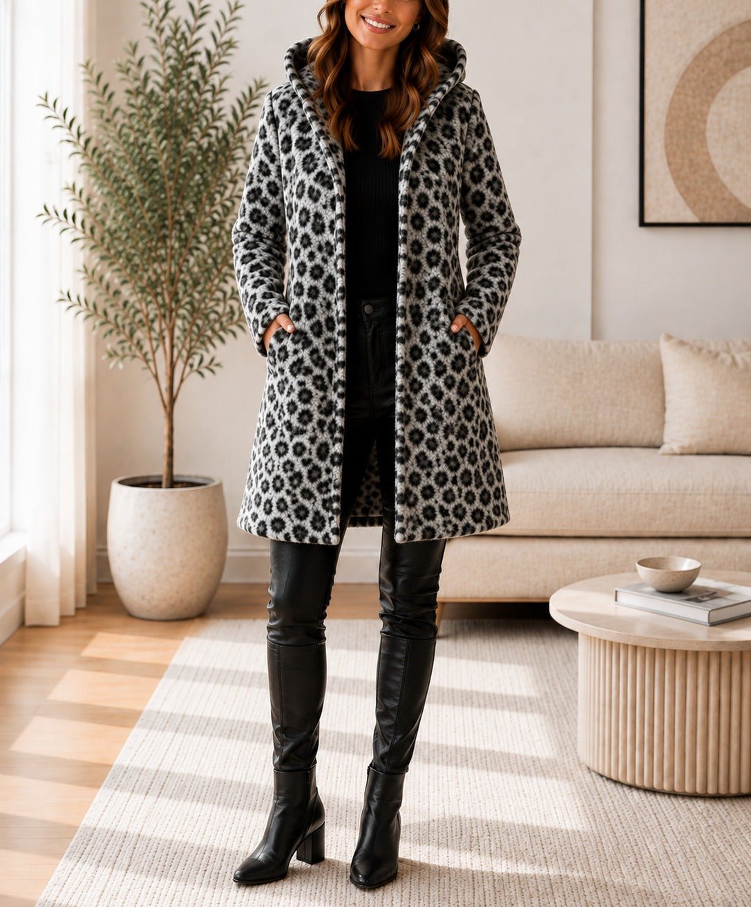 Ladies Grey Curly Melton Leopard Print Hooded Coat - StylePhase SA