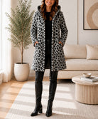 Ladies Grey Curly Melton Leopard Print Hooded Coat - StylePhase SA
