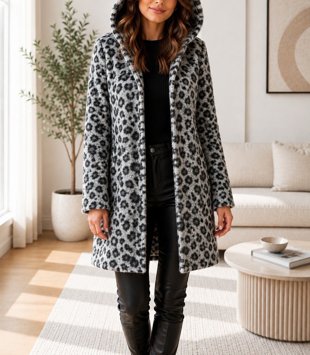 Ladies Grey Curly Melton Leopard Print Hooded Coat - StylePhase SA