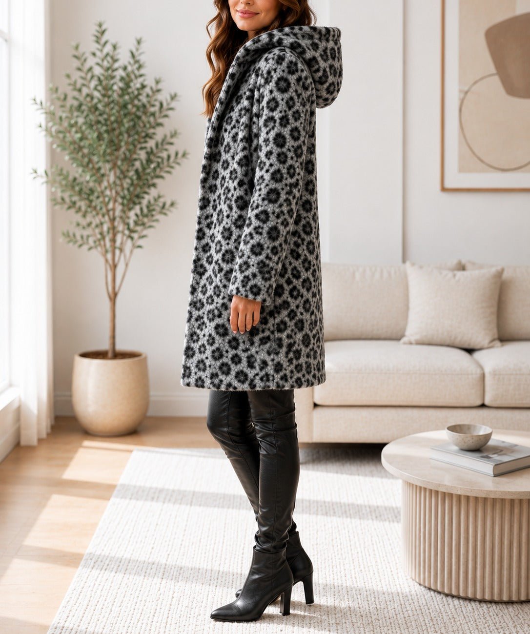 Ladies Grey Curly Melton Leopard Print Hooded Coat - StylePhase SA
