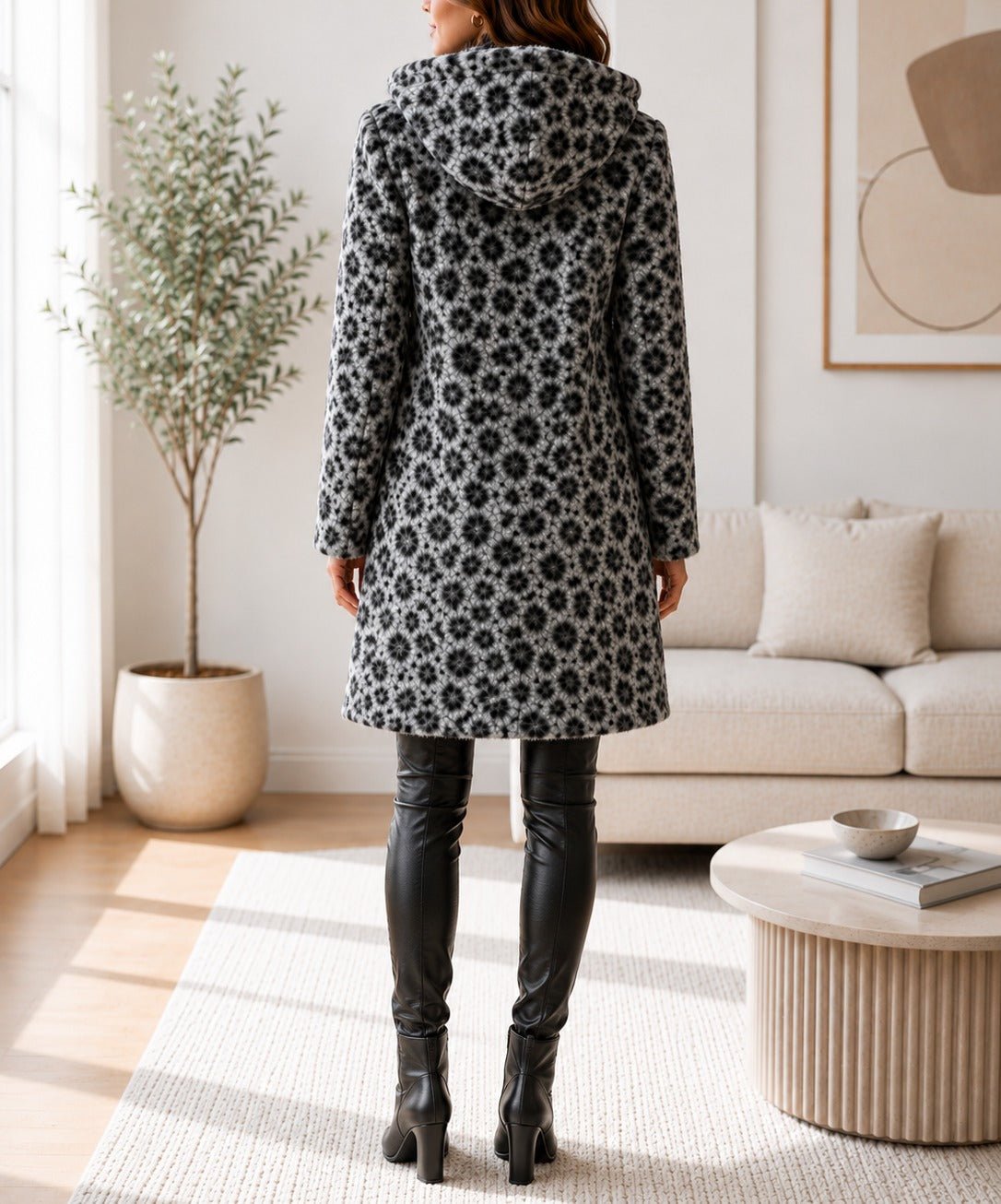 Ladies Grey Curly Melton Leopard Print Hooded Coat - StylePhase SA