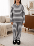 Ladies Grey Fleece Stripe Pyjama Set - StylePhase SA