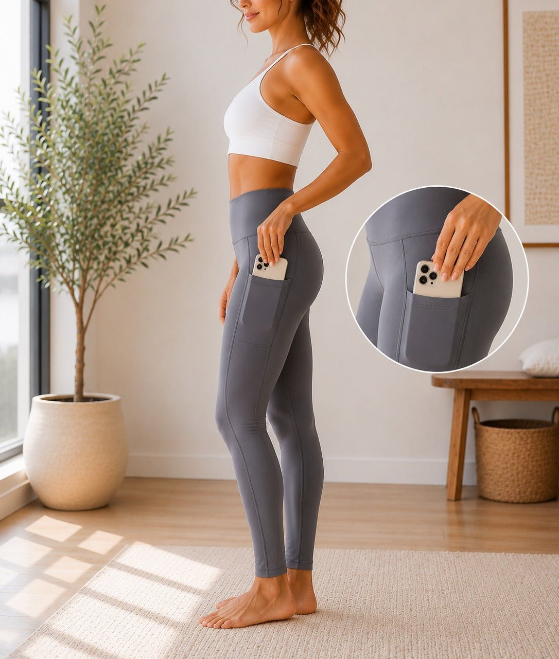 Ladies Grey High-Waist Side Pocket Activewear Leggings - StylePhase SA