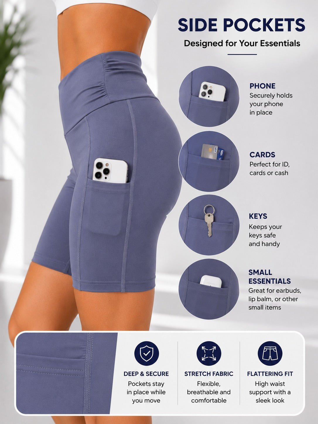 Ladies Grey High-Waist Side Pocket Activewear Shorts - StylePhase SA