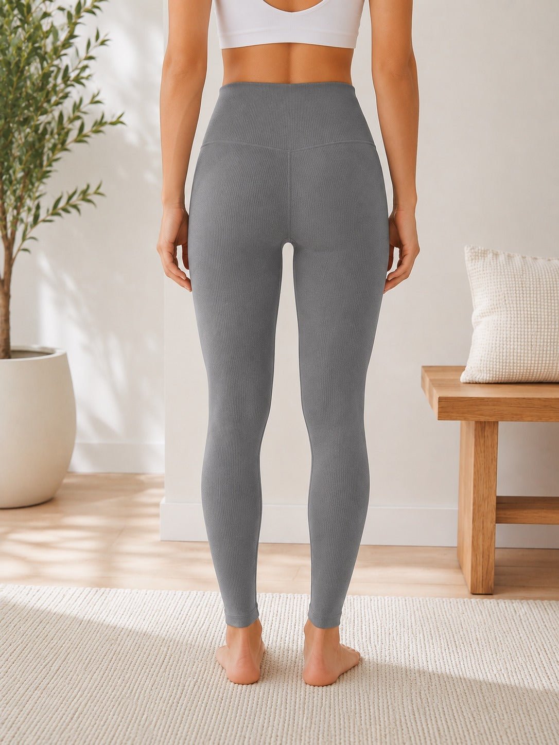 Ladies Grey High Waisted Ribbed Leggings - StylePhase SA