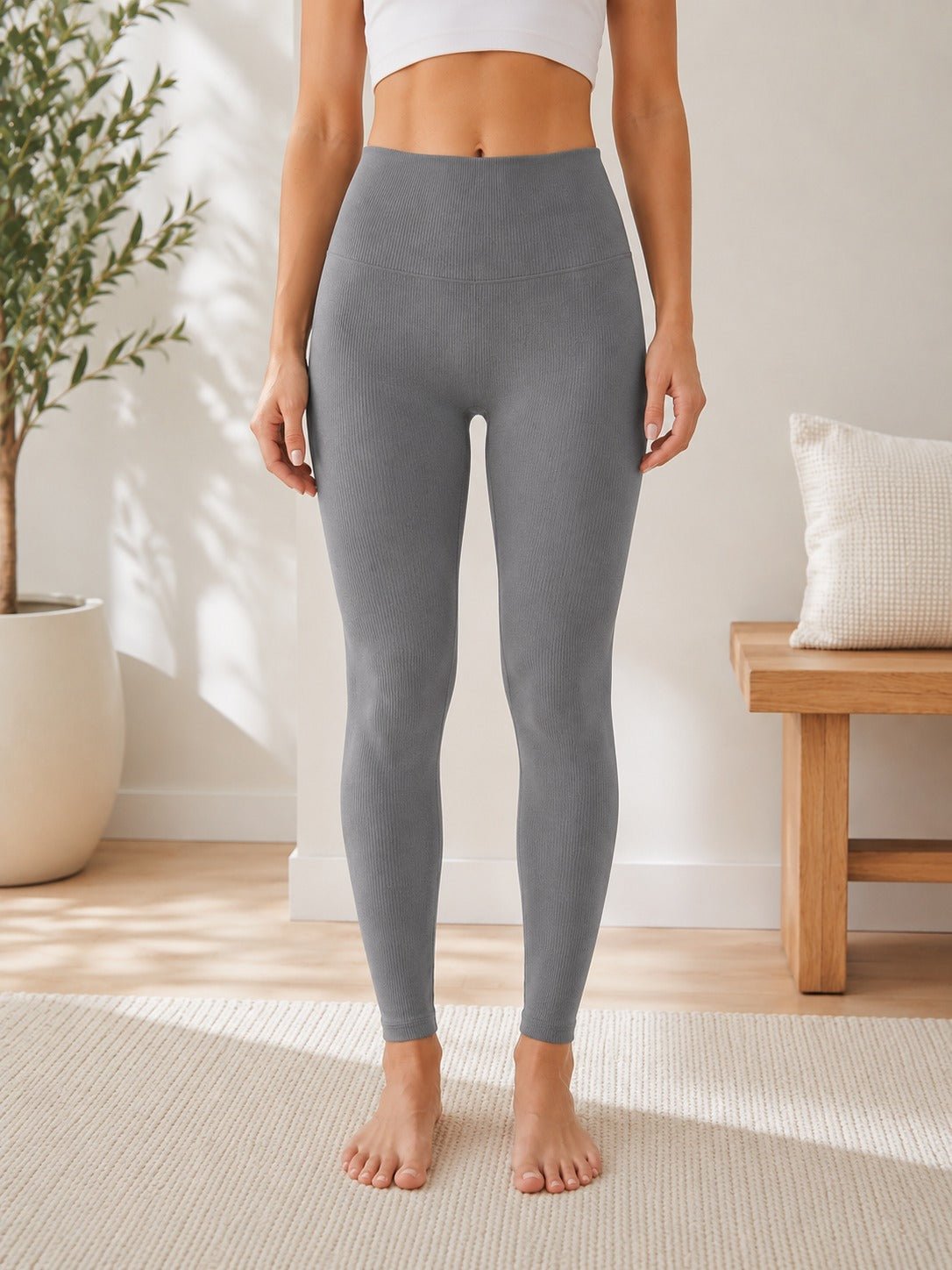 Ladies Grey High Waisted Ribbed Leggings - StylePhase SA