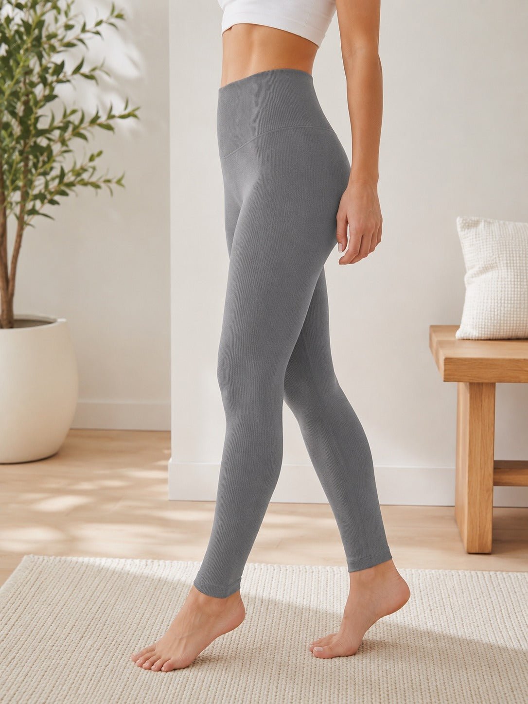 Ladies Grey High Waisted Ribbed Leggings - StylePhase SA