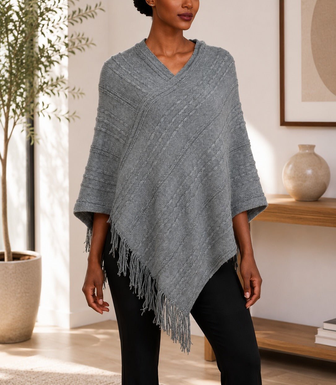 Ladies Grey Knitted V-Neck Poncho - StylePhase SA