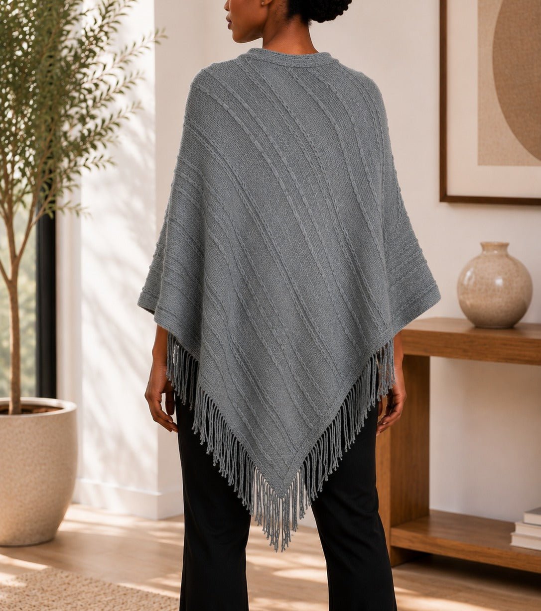 Ladies Grey Knitted V-Neck Poncho - StylePhase SA