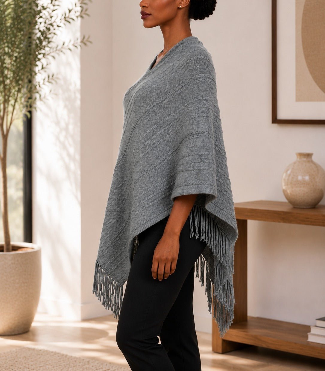 Ladies Grey Knitted V-Neck Poncho - StylePhase SA