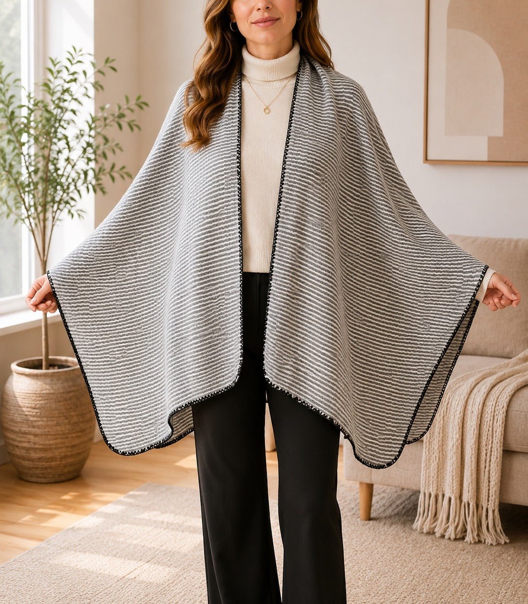 Ladies Grey Line Open Front Shawl - StylePhase SA