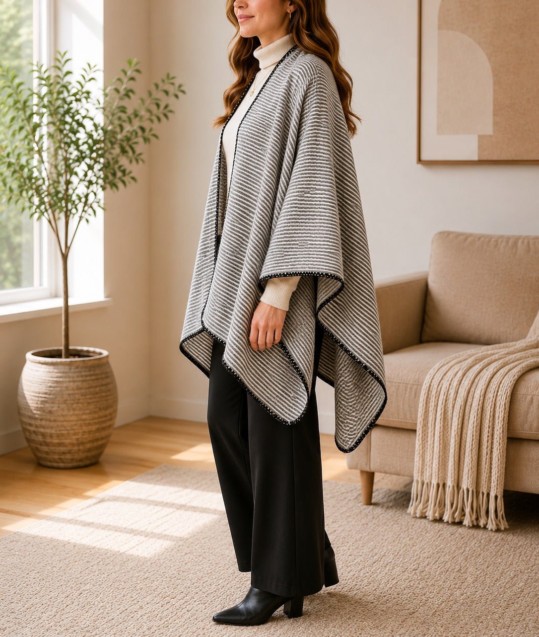 Ladies Grey Line Open Front Shawl - StylePhase SA
