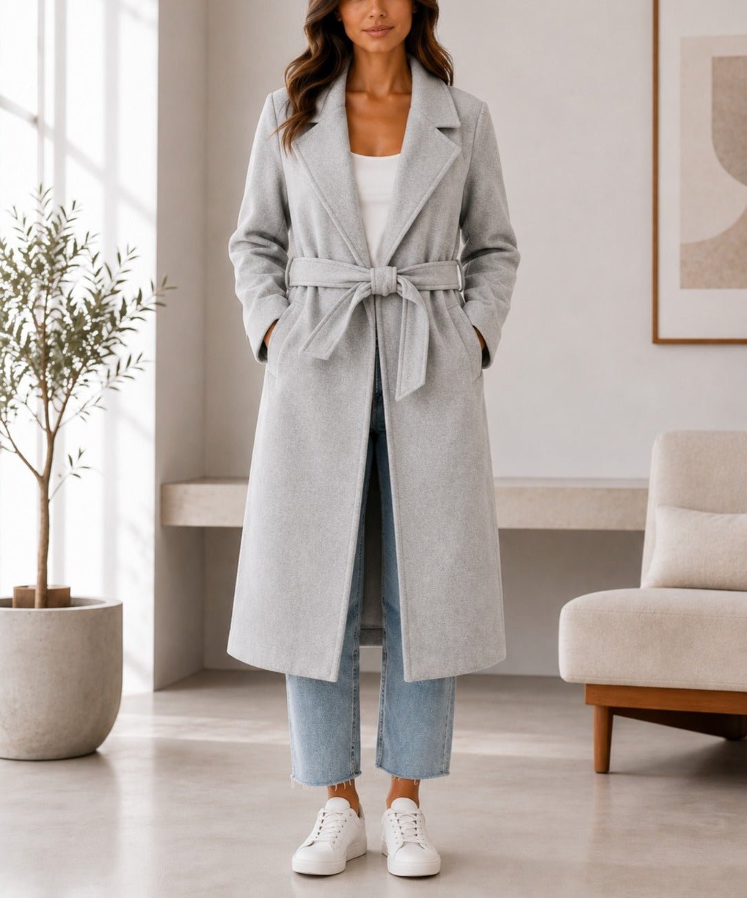 Ladies Grey Melton Tie Front Coat - StylePhase SA