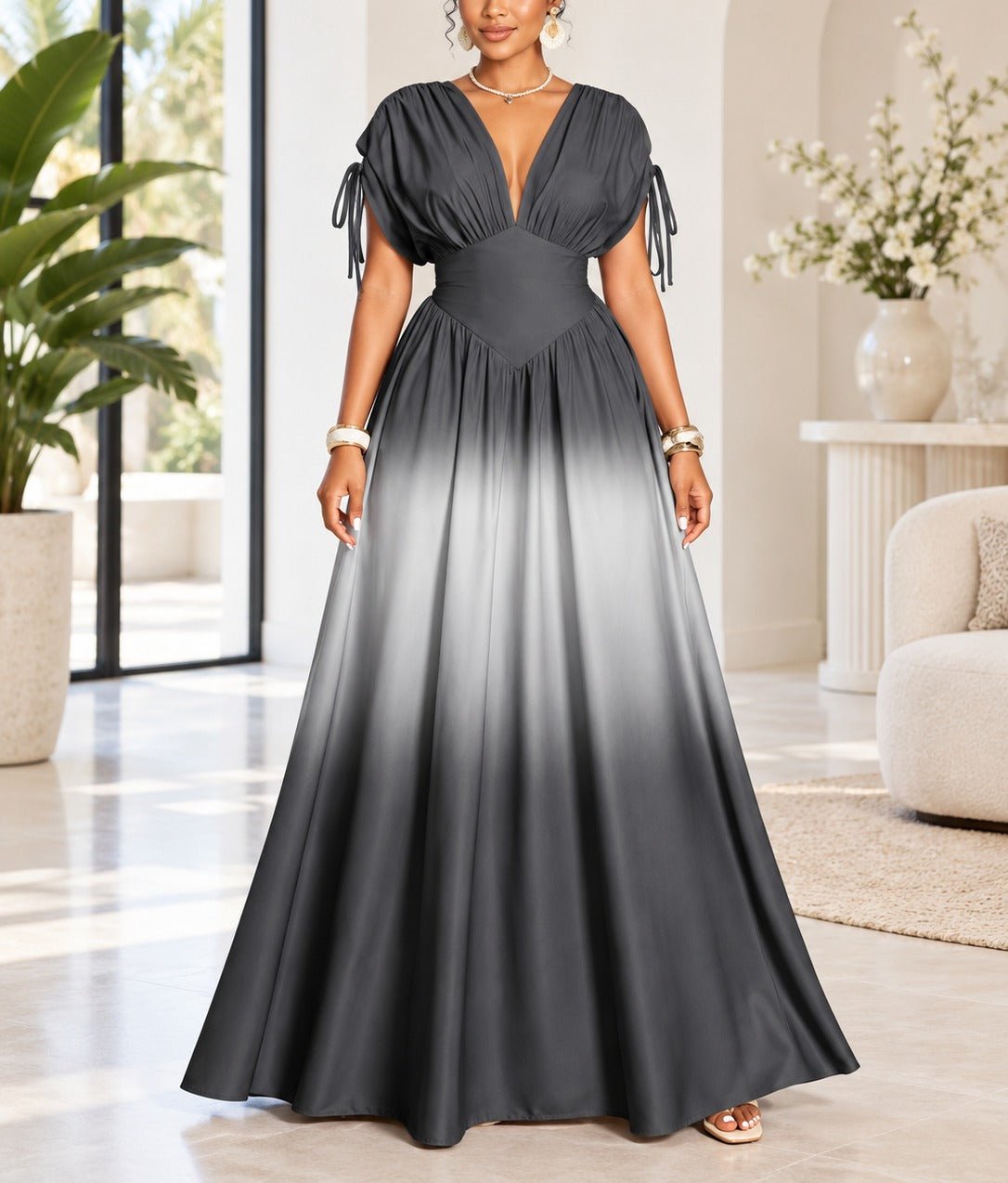 Ladies Grey Ombre Deep V-Neck Maxi Dress - StylePhase SA