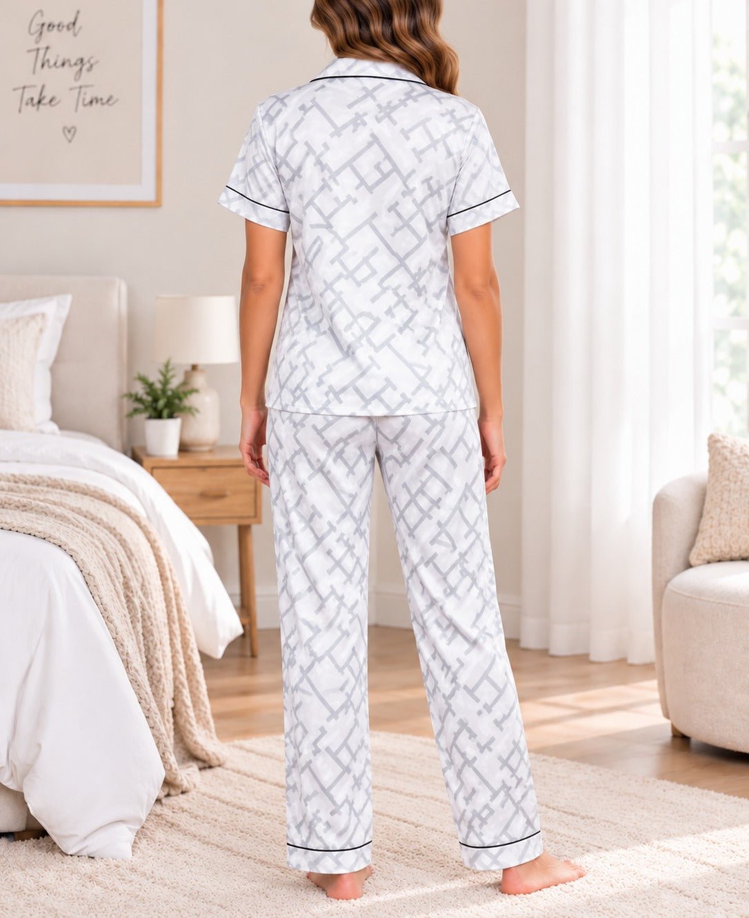 Ladies Grey Patterned Satin Printed Pyjama Set - StylePhase SA