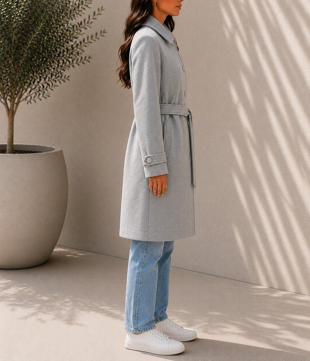 Ladies Grey Pleated Button Detail Melton Coat - StylePhase SA