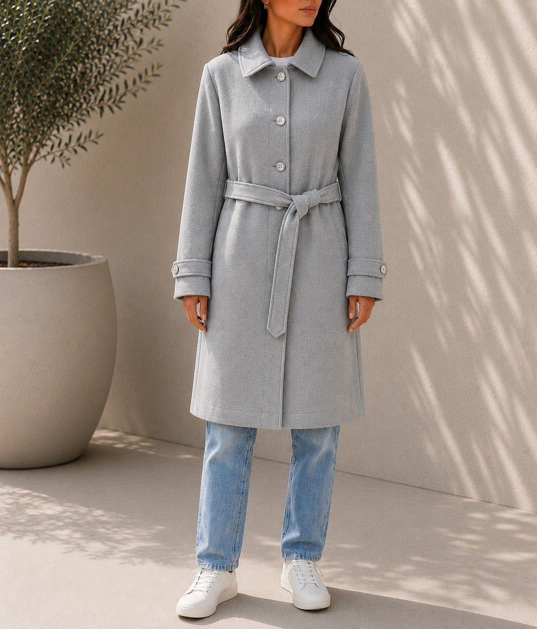 Ladies Grey Pleated Button Detail Melton Coat - StylePhase SA