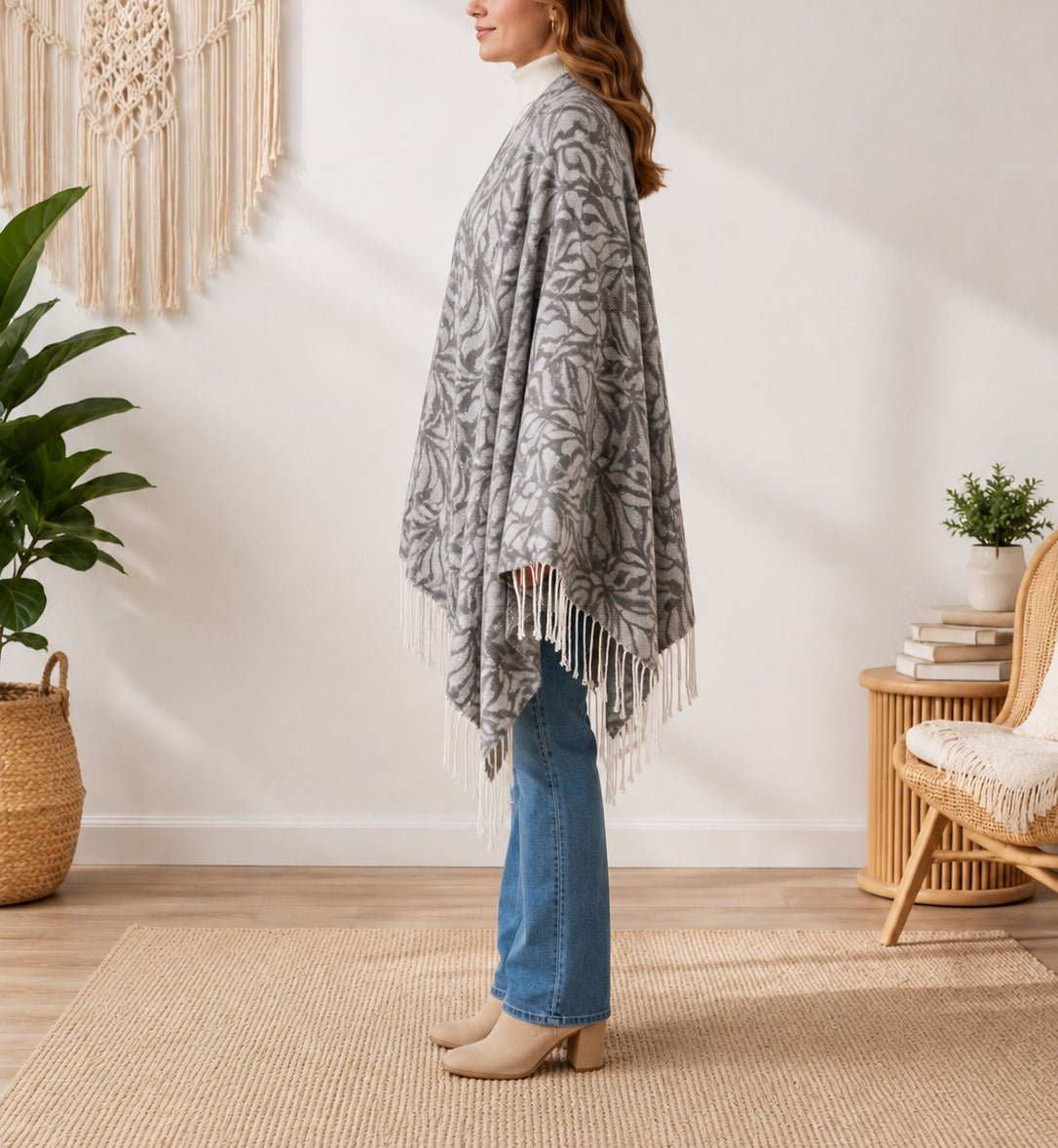 Ladies Grey printed Open Front Blanket Shawl - StylePhase SA