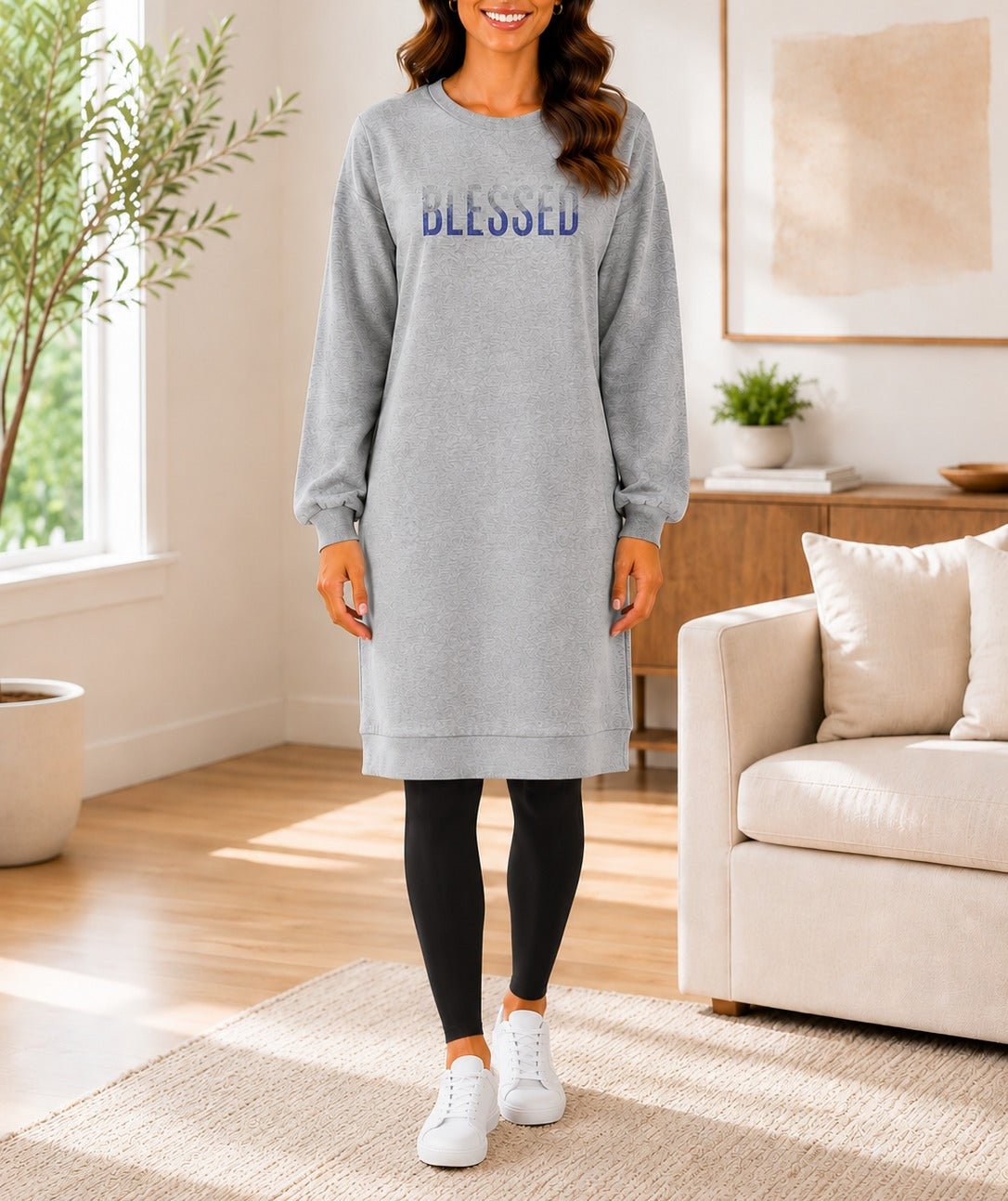 Ladies Grey Rhinestone Long Length Sweatshirt Dress - StylePhase SA