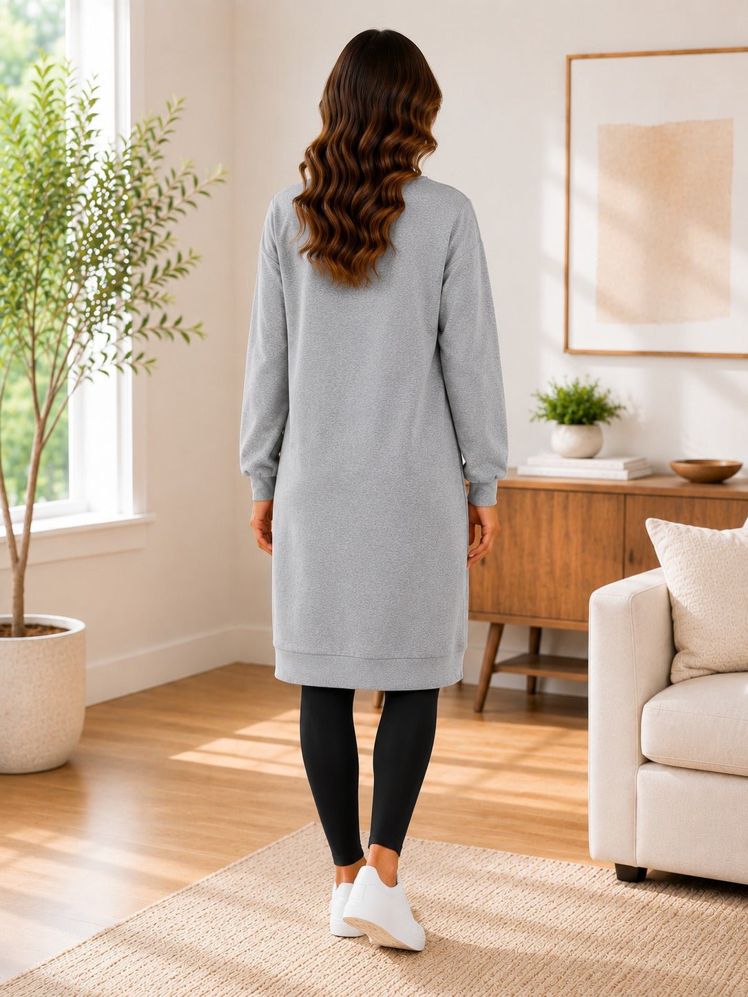 Ladies Grey Rhinestone Long Length Sweatshirt Dress - StylePhase SA