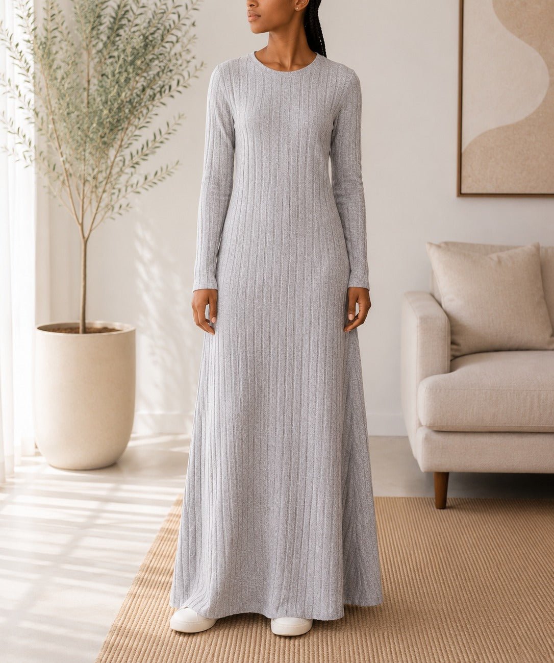 Ladies Grey Ribbed Knit Maxi Dress - StylePhase SA