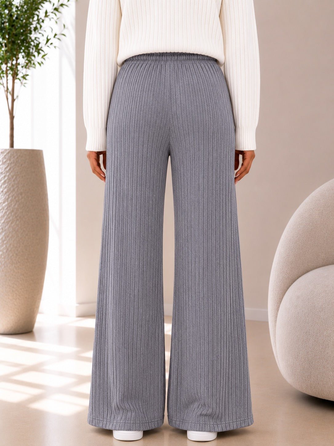 Ladies Grey Ribbed Knit Wide Leg Pants - StylePhase SA