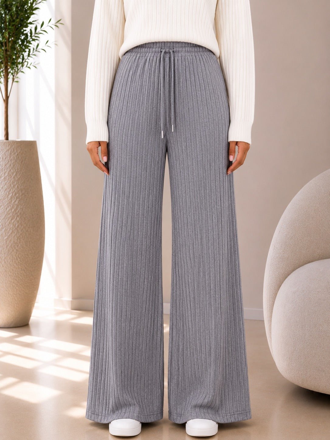 Ladies Grey Ribbed Knit Wide Leg Pants - StylePhase SA