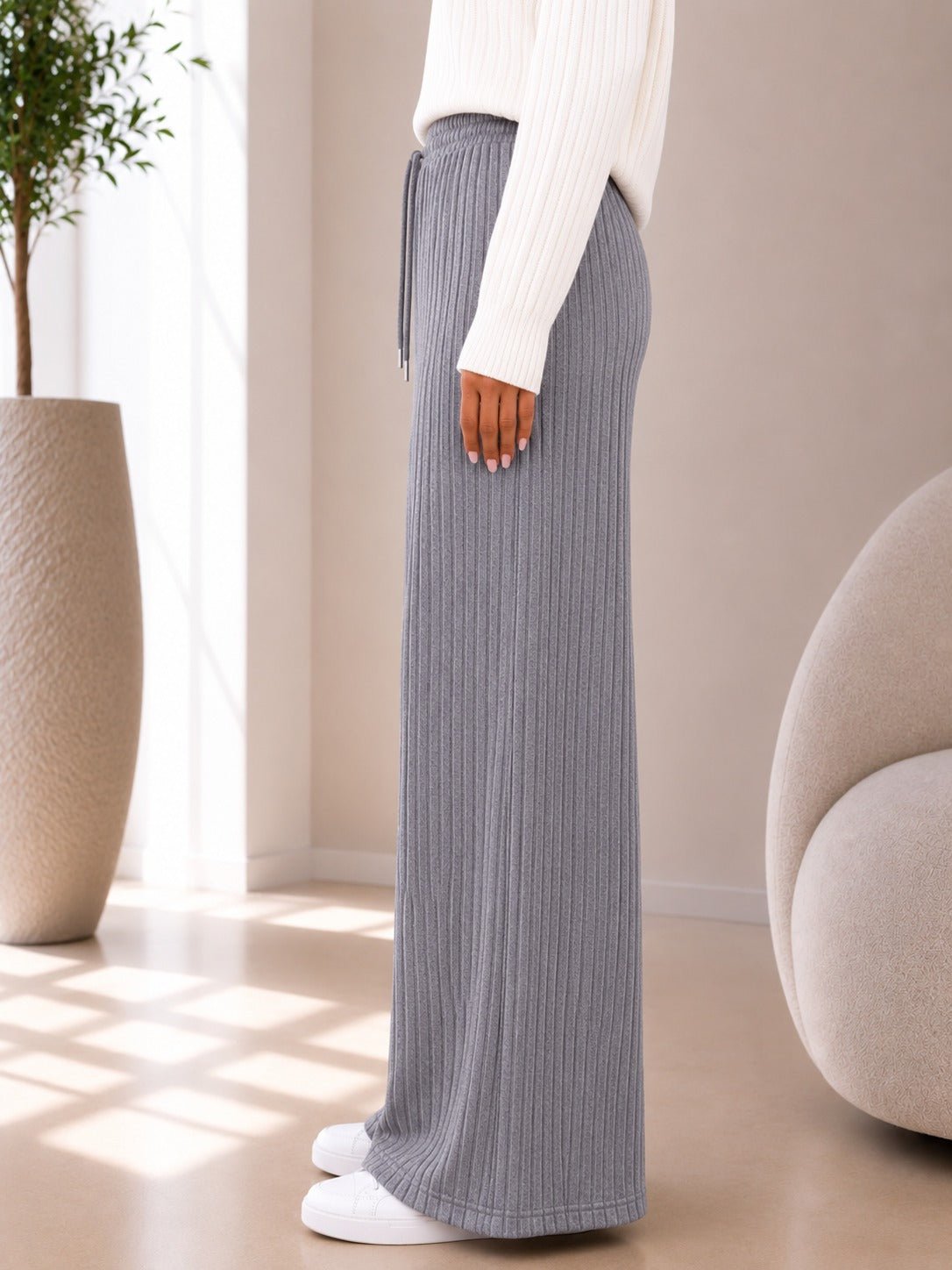 Ladies Grey Ribbed Knit Wide Leg Pants - StylePhase SA