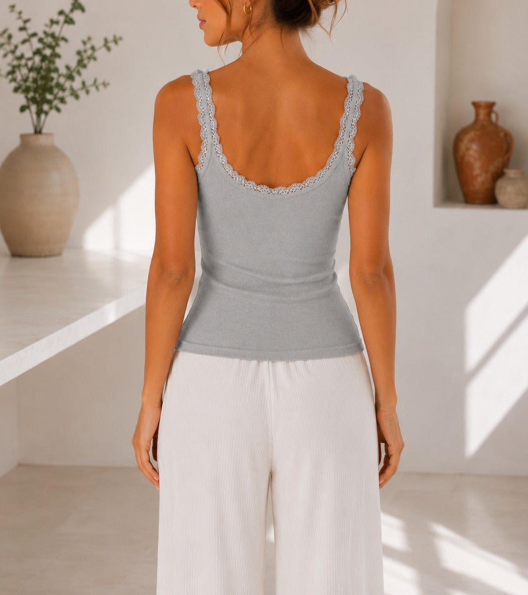 Ladies Grey Ribbed Lace-Trim Tank Top - StylePhase SA