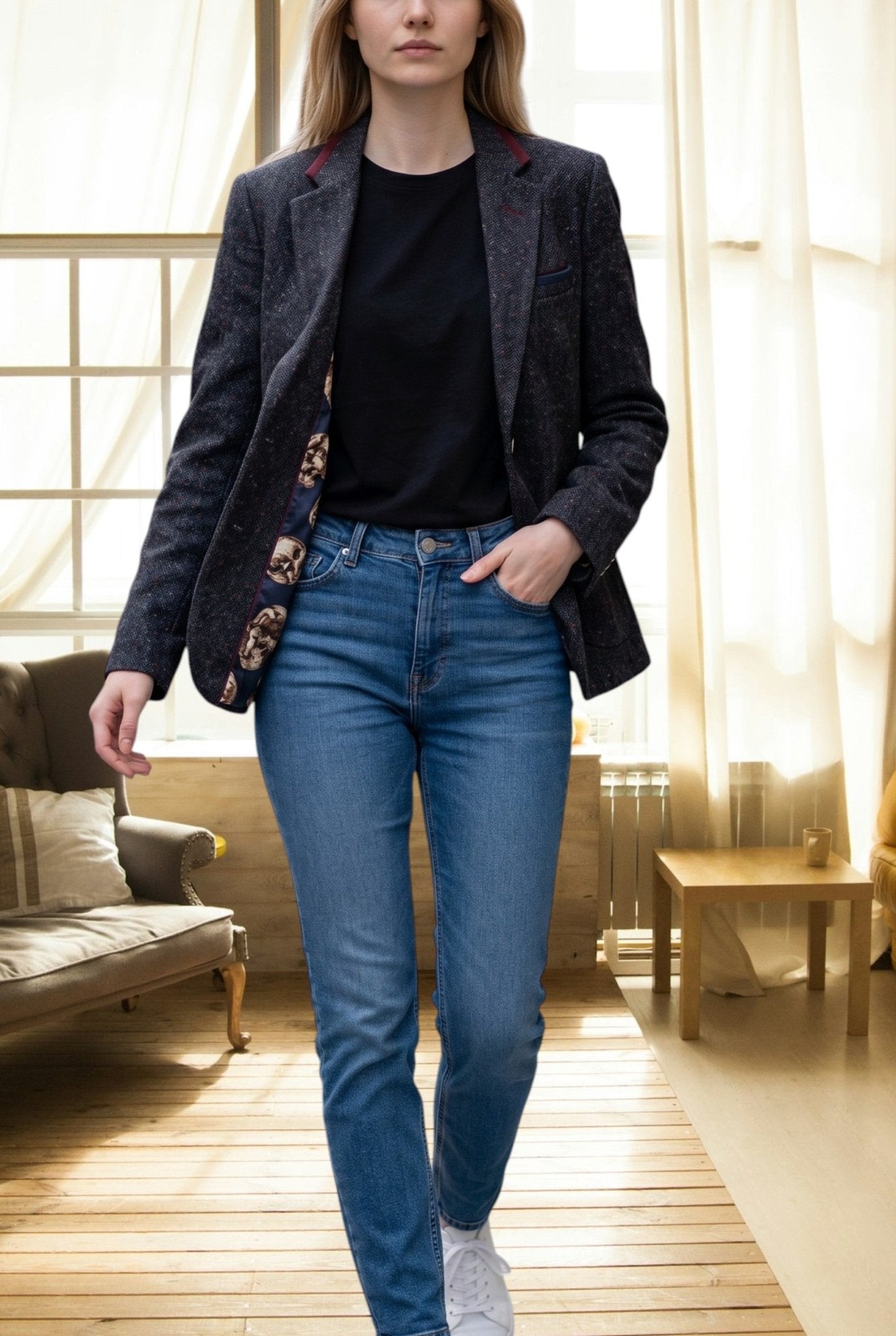 Ladies Grey Spotted Slim Fit Blazer Coat - StylePhase SA