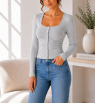 Ladies Grey Square Neck Button Top - StylePhase SA