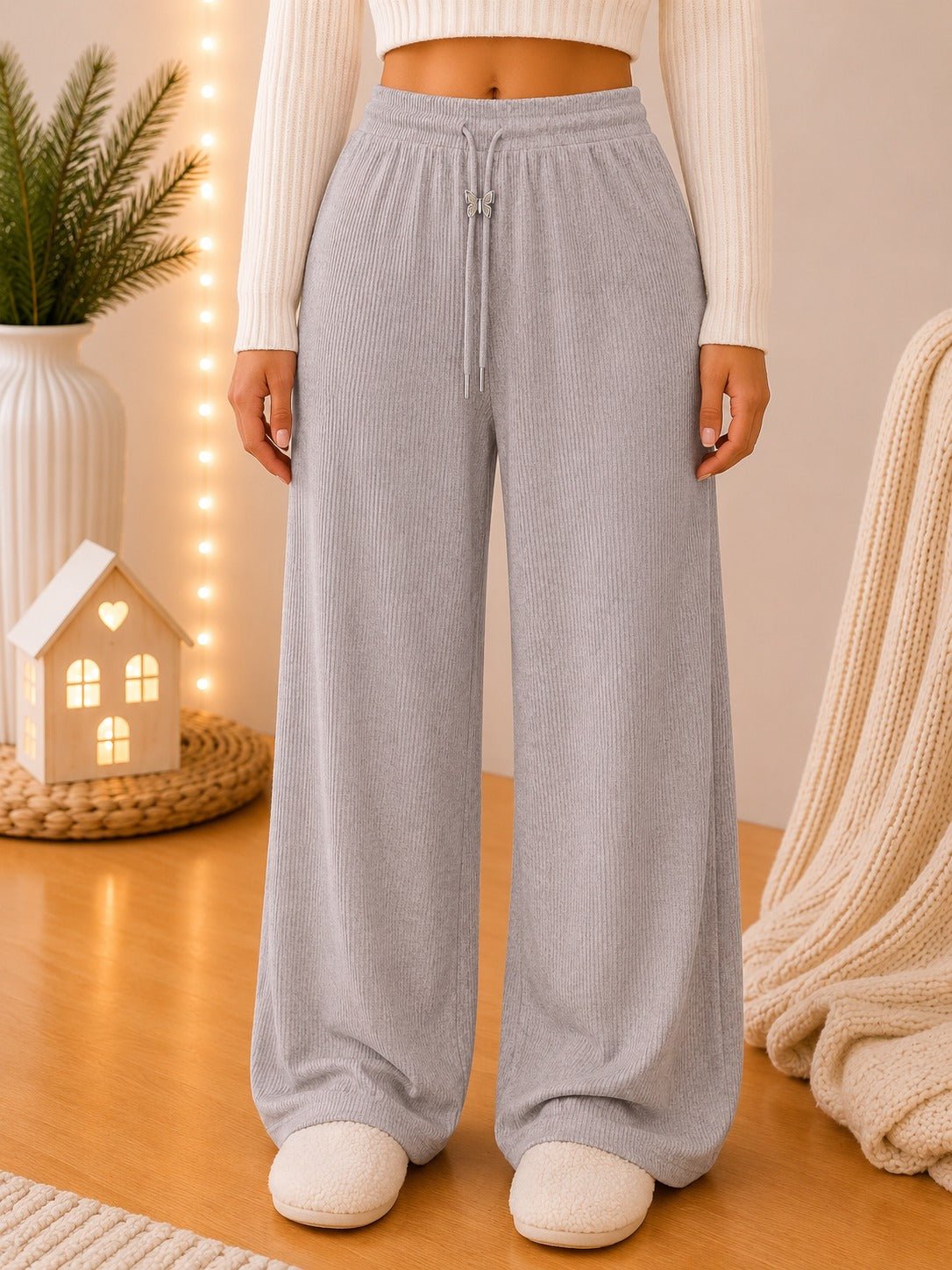 Ladies Grey Wide Leg Drawstring Knit Pants - StylePhase SA