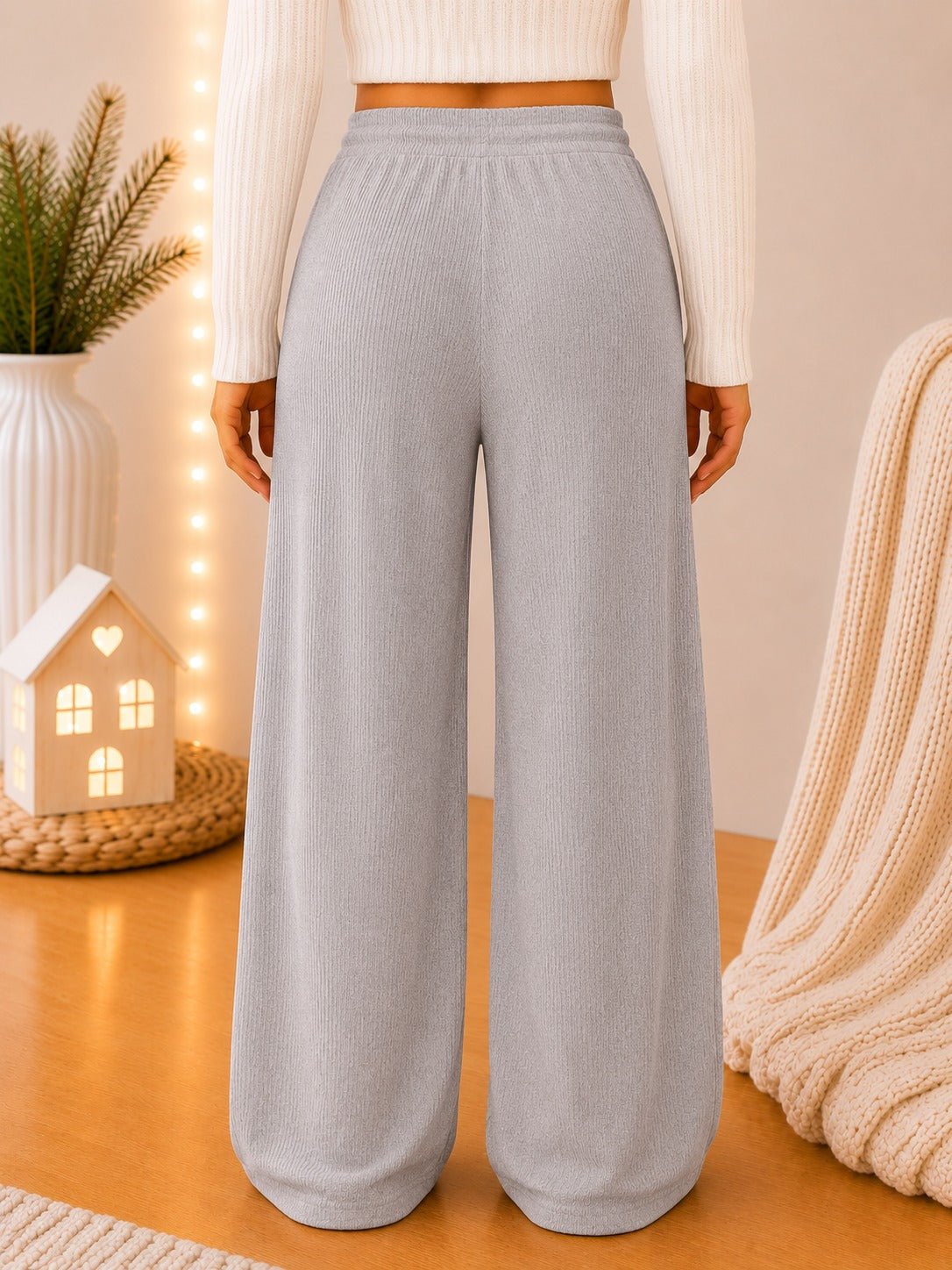 Ladies Grey Wide Leg Drawstring Knit Pants - StylePhase SA