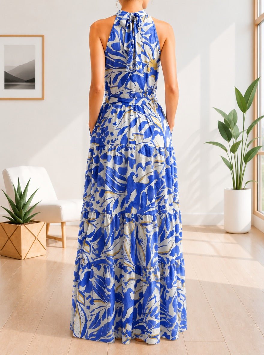 Ladies Halter Neck Tie Floral Print Pocket Dress-Blue And White - StylePhase SA