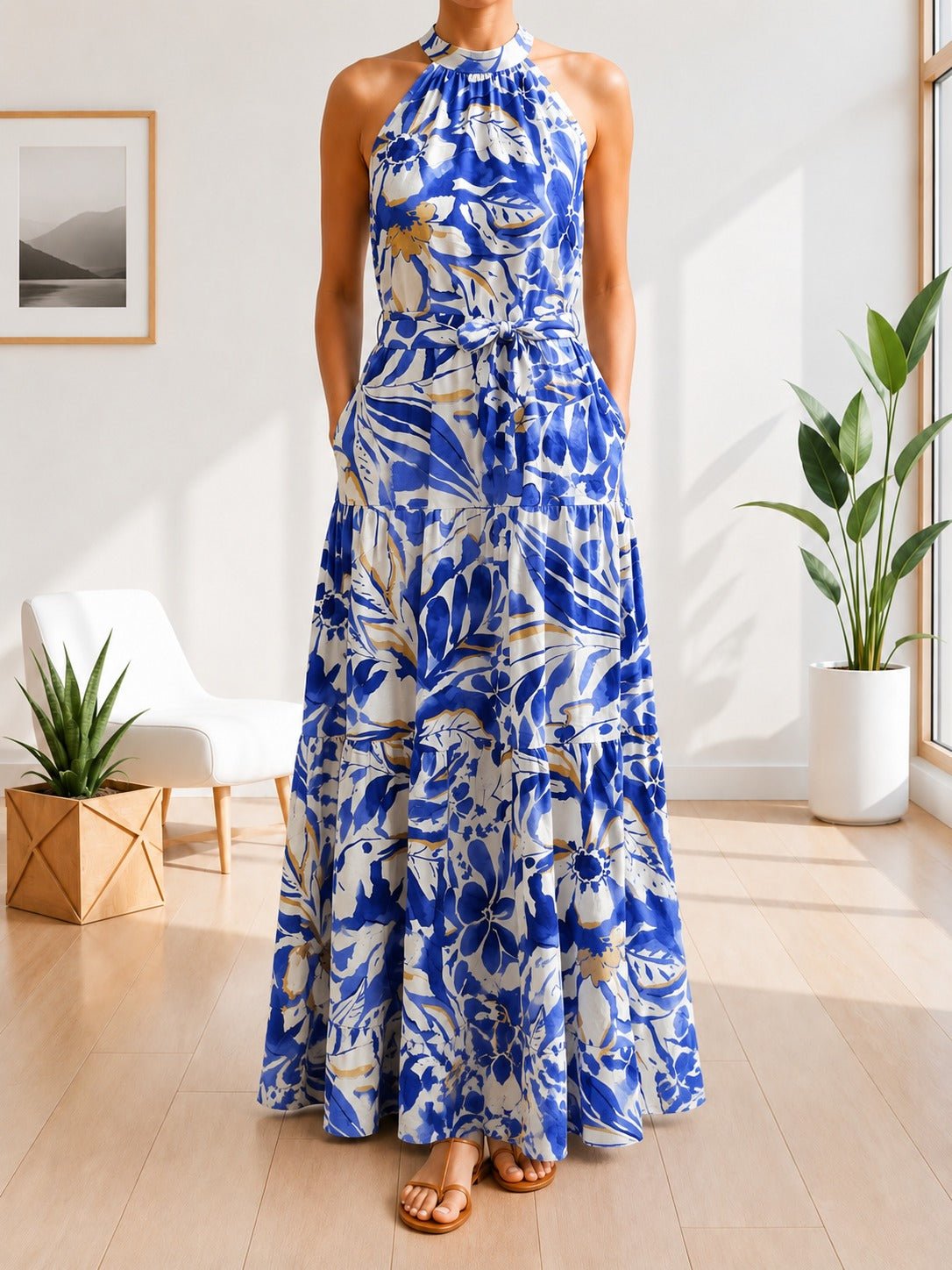 Ladies Halter Neck Tie Floral Print Pocket Dress-Blue And White - StylePhase SA