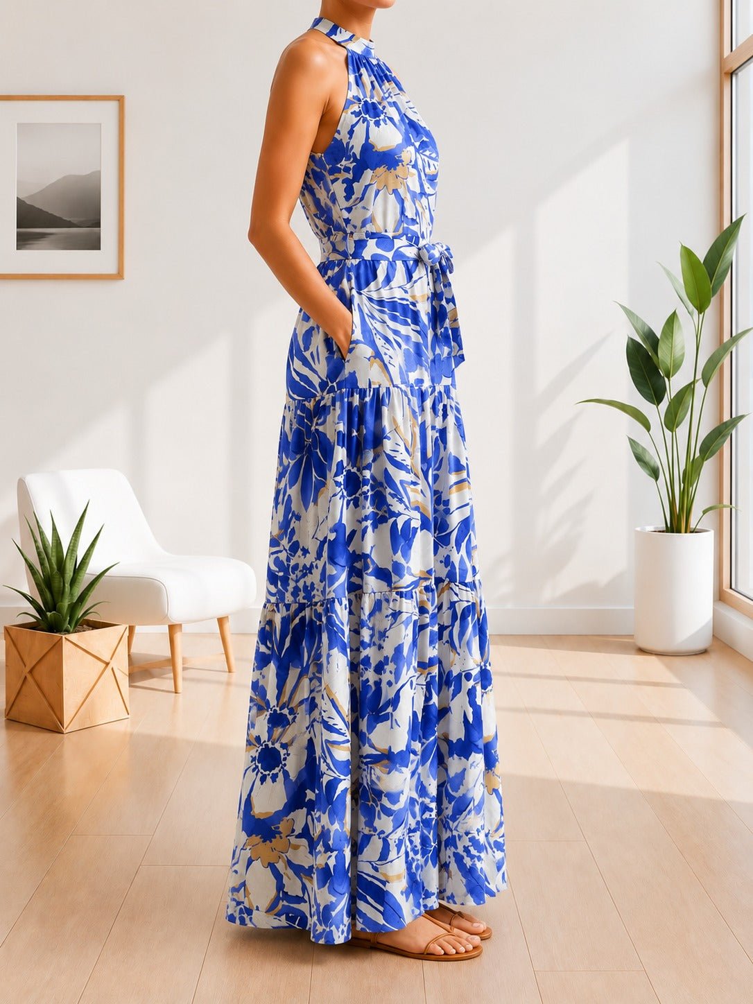Ladies Halter Neck Tie Floral Print Pocket Dress-Blue And White - StylePhase SA