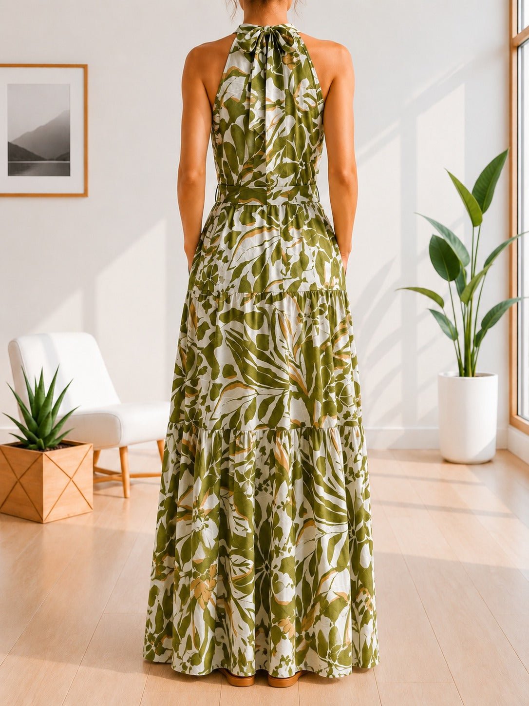 Ladies Halter Neck Tie Floral Print Pocket Dress-Green And White - StylePhase SA
