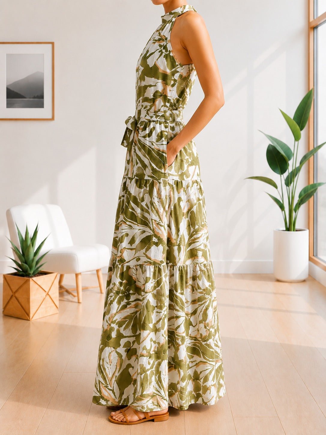 Ladies Halter Neck Tie Floral Print Pocket Dress-Green And White - StylePhase SA