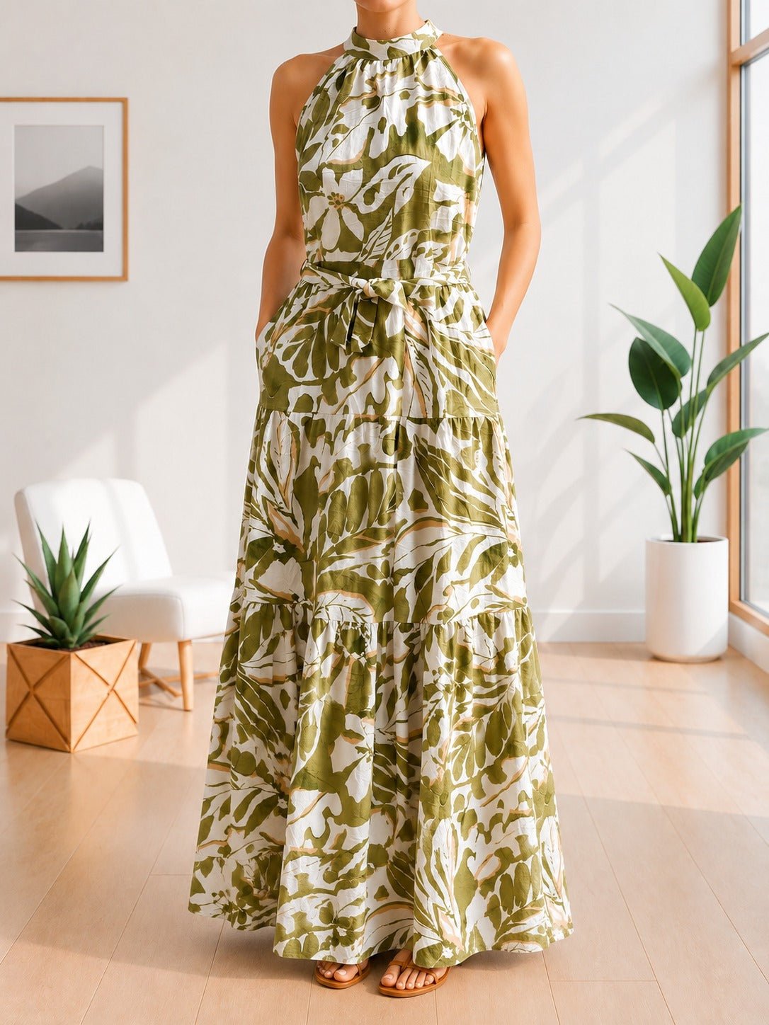 Ladies Halter Neck Tie Floral Print Pocket Dress-Green And White - StylePhase SA