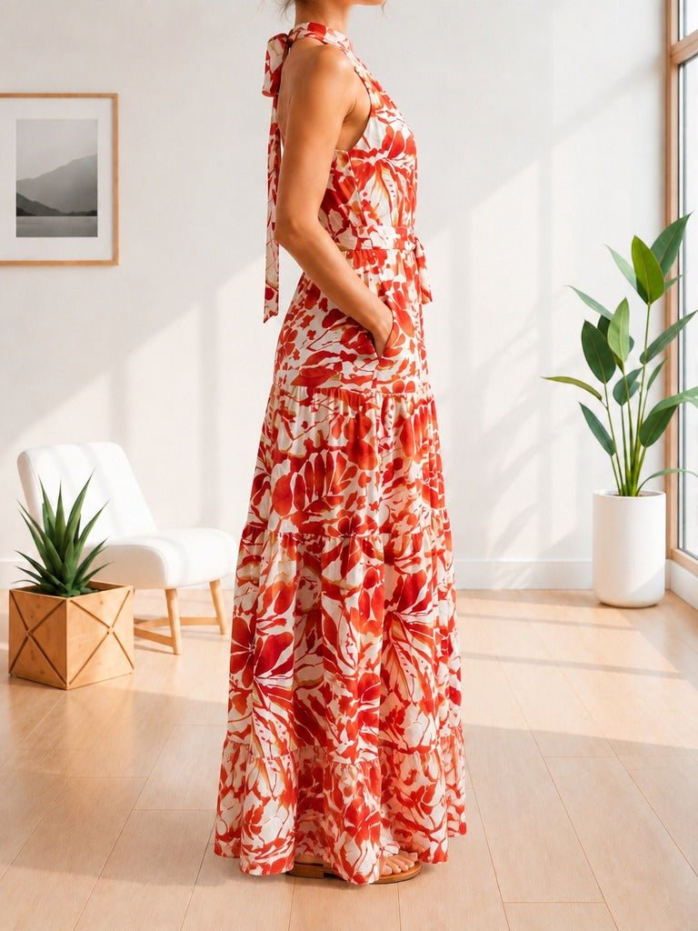 Ladies Halter Neck Tie Floral Print Pocket Dress-Red And White - StylePhase SA