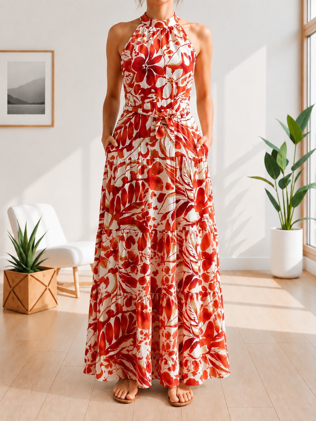 Ladies Halter Neck Tie Floral Print Pocket Dress-Red And White - StylePhase SA