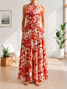 Ladies Halter Neck Tie Floral Print Pocket Dress-Red And White - StylePhase SA
