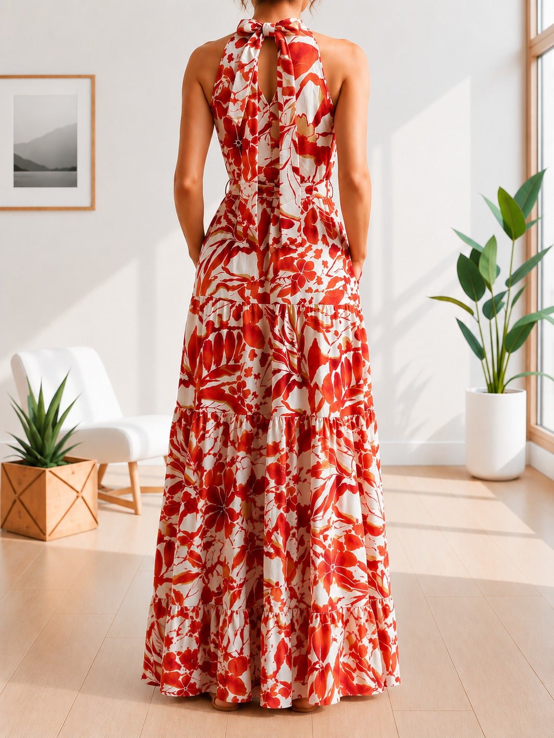 Ladies Halter Neck Tie Floral Print Pocket Dress-Red And White - StylePhase SA